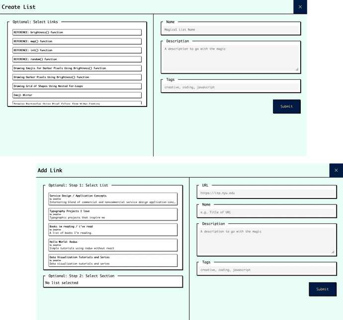 Add List Modal (above), Add Link Modal (Below)